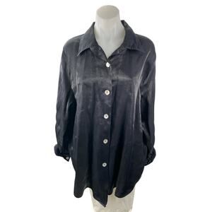 Expose Women's Black Acid Wash Satin Long Sleeve Button Down Shirt Top Size M